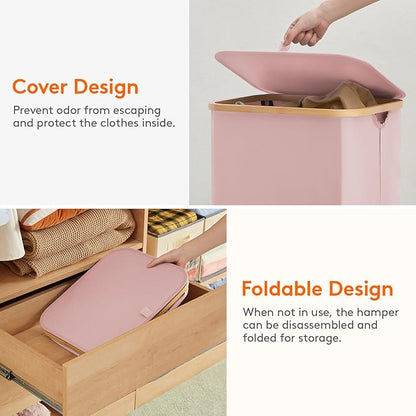 Lifewit 100L Laundry Basket with Lid, Clothes Hampers for Laundry with Bamboo Handles and A Removable Laundry Bag, Large Foldable Hamper for Bedroom, Bathroom, Dorm, Laundry Room, Pink