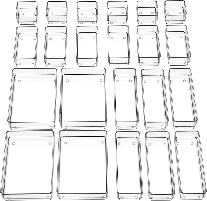 SMARTAKE 22-Piece Drawer Organizer with Non-Slip Silicone Pads, 4-Size Clear Desk Drawer Organizer Trays Storage Tray for Makeup, Jewelries, Utensils in Bedroom Dresser, Office and Kitchen, Clear