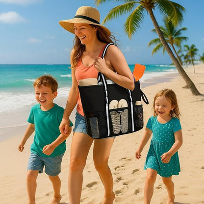 Beach Bag with Zipper - 8 Pockets Sandproof Beach Tote Bag for Women,Foldable Lightweight Family Swim Bag Vacation