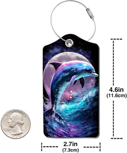 2 Pack Luggage Tag for Suitcase, Cute Unique Leather Bag Tags Identifiers Privacy Cover ID Label with Durable Steel Loop for Women Men Kids Girls Travel，DolphinB