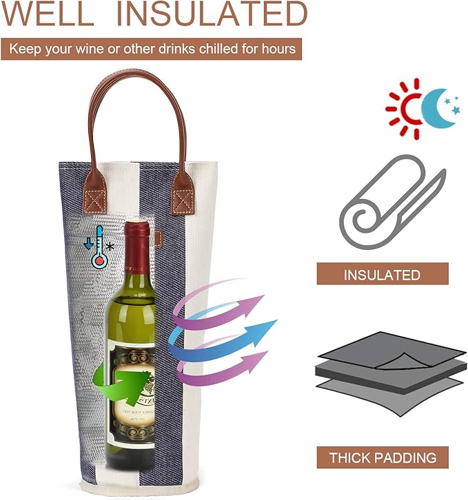 ZORMY Single Bottle Insulated Wine Tote, 1 Bottle Wine Carrier Bag Padded Wine Cooler Perfect Wine Lover's or Wedding Gift-Wide Srtipe
