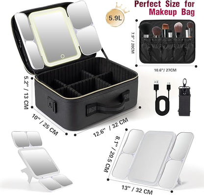 Mid-Size Makeup Bag with LED 1X5X10X20X30X Magnifying Mirror and Travel Makeup Train Case Cosmetic Organiser with Mirror and Separate Makeup Brush Panel, Portable Adjustable Divider, Black
