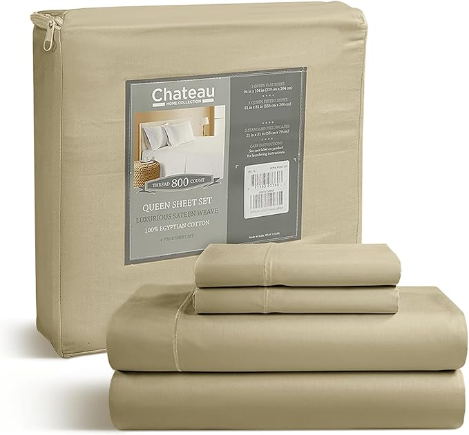100% Egyptian Cotton Bed Sheets, Certified 800 Thread Count Deep Pocket Queen Sheets For Queen Size Bed Sheet & Pillowcase Sets, Soft & Comfy Naturally Cool Luxury Bedding, Fits upto 17"- Linen