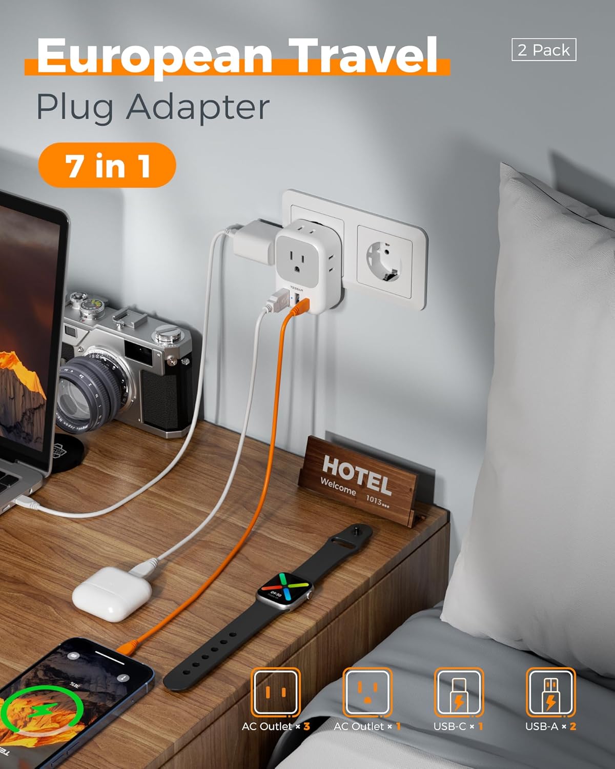 2 Pack European Plug Adapter USB C, TESSAN US to Europe Adapter 4 Outlets 3 USB Charger, Type C International Power Adaptor to Italy Spain France Portugal Iceland Germany, Europe Travel Essentials
