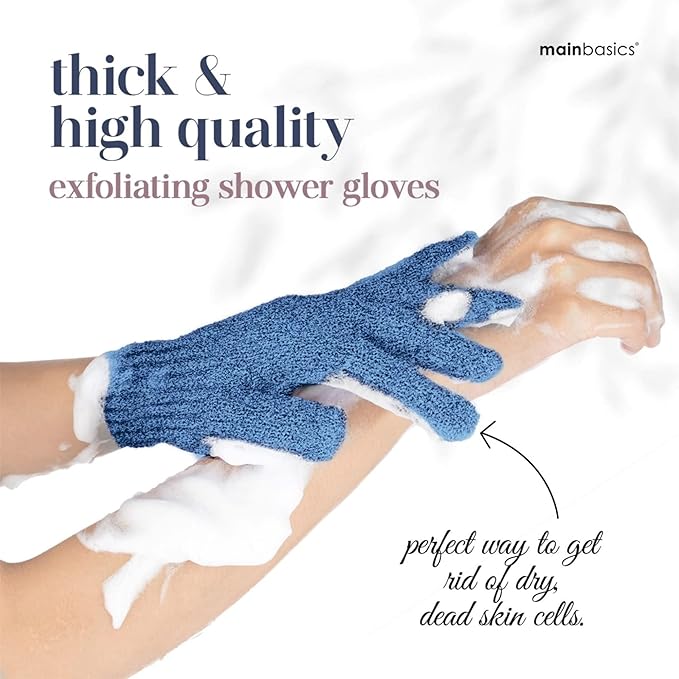 MainBasics Deep Cleansing Exfoliating Bath Gloves - Heavy-Textured Nylon Shower Scrub for Dead Skin Removal - Machine Washable with Hanging Loop (1 Pair, Pigeon Blue)