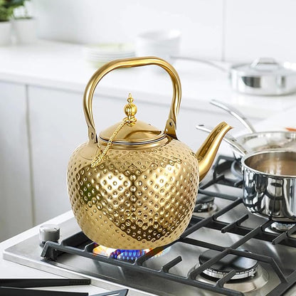 2000ml Tea Kettle, Stainless Steel Teapot with Infuser, Hammered Finish, Curved Spout, Decorative Water Kettle, Gold