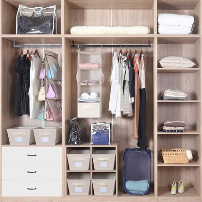 MAX Houser 4-Shelf Hanging Closet Organizer, Space Saver, Cloth Hanging Shelves with 2 Side Pockets, Foldable (Beige)