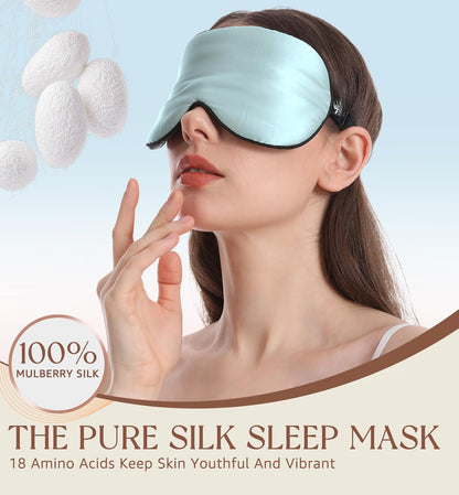 HiRui Silk Sleep Mask, 100% Natural Mulberry Silk of Double-Sided & Inner-Filling, Ultra-Smooth Soft, Adjustable Strap, Blocks Light for Night Sleeping, Travel, Office Naps (Light Blue)
