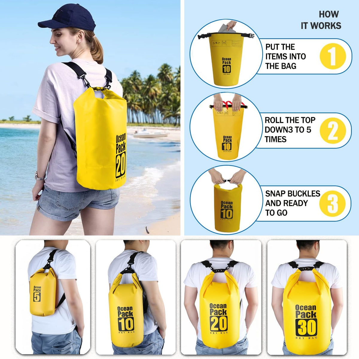 Dry Bag Waterproof Backpack 5L/10L/20L/30L Roll Top Waterproof Bag,Floating Dry bags for Kayaking,Swimming,Boating,Camping,Beach.