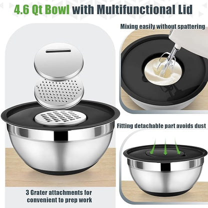 P&P CHEF Mixing Bowl with Lids Set of 3, Stainless Steel Nesting Salad Bowls for Serving Preparing, 3 Grater Attachments & Non-Slip Bottoms, Size 1.5/2.6/4.6 QT, Black