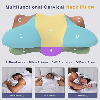 Dual-Height Cervical Neck Pillow for Pain Relief, Memory Foam Pillows with Cooling Tech -3D Ergonomic Support, Cooling Cover, for Side/Back/Stomach Sleeper Pillow, Minimalist Style - Gray,White