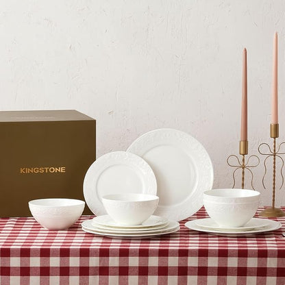 18Pcs Vintage Relief White Bone China Set, Service
