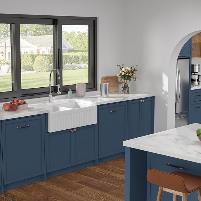Dcolora Double Bowl Farmhouse Kitchen Sink Reversible Front Apron White Fireclay Ceramic Sinks Undermount Barn Sink 33"W×18"D×10"H,DC-A8871