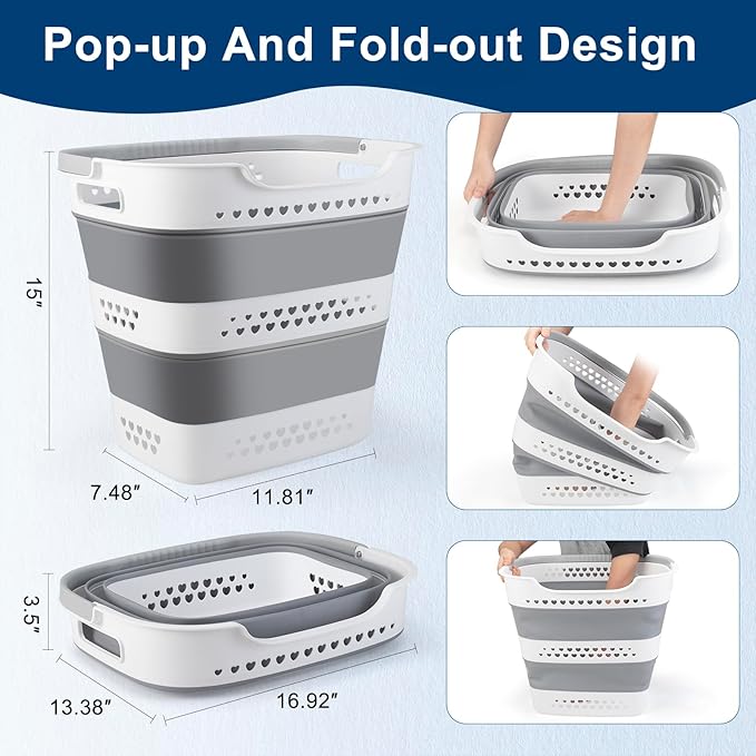 Collapsible Laundry Basket Foldable Pop-Up Laundry Hamper with Comfort Handles Portable Plastic Laundry Storage Basket Organizer Space Saving Dirty Clothes Hamper Container for Home, Dorm (Grey)