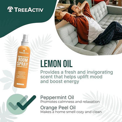 TreeActiv Aromatherapy Room Spray 4 oz, Natural Citrus Air Freshener, Essential Oil Odor Eliminator for Bedding, Pillow, Linen Mist, 1000 Sprays