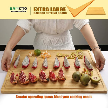 Extra Large 100% Organic Bamboo Cutting Board, 24x18 Inch Butcher Block Chopping/Carving Board with Handle and Juice Groove for Turkey, Meat, Vegetables, BBQ (XXL, 24" x 18"）