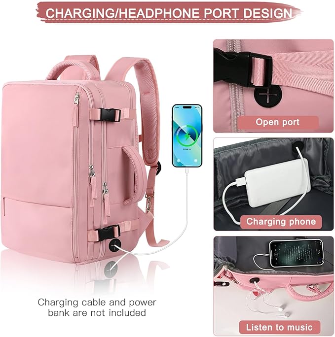 Hanples Carry on Travel Backpack for Women, Large 40L Personal Item Luggage Backpack,17inch Laptop Backpack TSA Flight Approved, Travel Essentials Casual Daypack with 2 Toiletry Bags (Pink)
