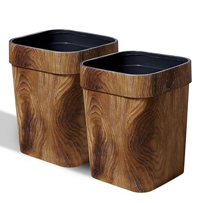 Wood Grain Plastic Trash Can Bedroom, Square 2-Pack, 3.7 Gal Farmhouse Wastebasket Bin Retro Style, Brown Trash Can for Room Aesthetic, Open Top Garbage Can for Office, Living Room, Hotel, Bathroom