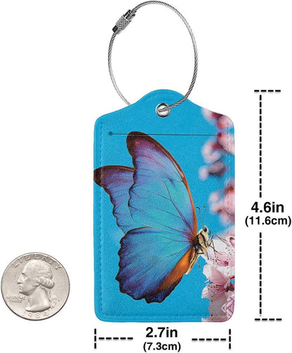 2 Pack Luggage Tags for suitcases Blue Funny Cute Butterfly Luggage Tag, Leather Stainless Steel Loop Label Tag for Men Women Travel Bag Suitcase(Butterfly)