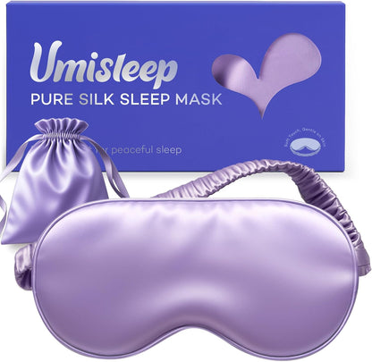 Umisleep 100% Pure Mulberry Silk Sleep Mask, 22 Momme 6A Soft Smooth Fibers, Breathable Eye Mask for Women Men, Better Light Blocking Sleeping Mask with Travel Pouch, Elastic Strap Blindfold, Purple