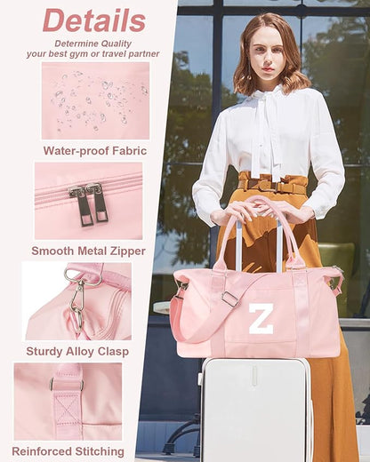 Initial Travel Duffel Bag Sports Gym Bag for Girls Teen Birthday Gifts,Pink Personalized Weekender Bag Carry On Tote Bags for Women Men,Waterproof Overnight Luggage Bag with Trolley Sleeve(Letter Z)