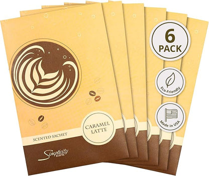 Floral Simplicity Caramel Latte Scented Sachets Pack of 6, Fall & Winter - Long-Lasting Scented Bags, Home Fragrance, Air Freshener & Deodorizer for Closet, Room, Drawer, or Cars, Made in The USA
