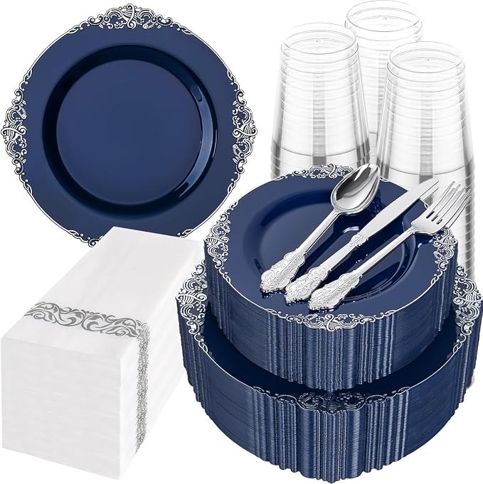 350 Pcs Blue Silver Plates for Graduation | Blue Party Plates Set for 50 Guests