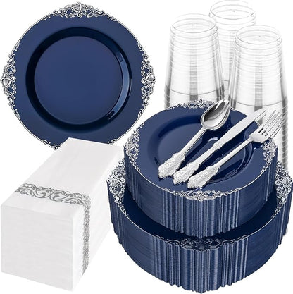 350 Pcs Blue Silver Plates for Graduation | Blue Party Plates Set for 50 Guests