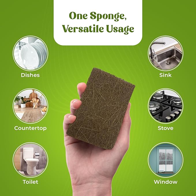 12 Pack Natural Kitchen Sponges - Biodegradable, Compostable, Sustainable Wood Cellulose & Coconut Fiber Sponge for Dishes, Quick Drying & Non Scratch Plant Based Eco Friendly Scrubber for Dishwashing
