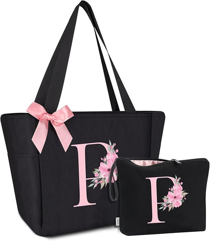 Vavabox Tote Bag, A-Z Initial Monogrammed Waterproof Tote Bag, Bridesmaid Gifts for Women, Black and Pink