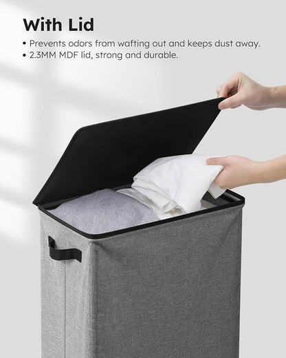 SOLEDI Slim Laundry Hamper with Lid, Narrow Laundry Basket with Removable Bags, Dirty Clothes Hamper with handle, Small Hamper perfect for Laundry room, Bathroom, Bedroom, Small spaces. 70L Grey