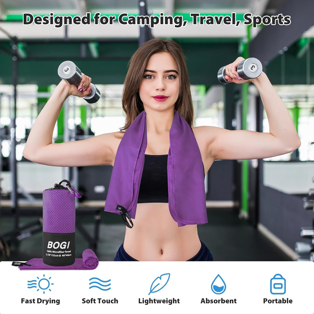 BOGI Microfiber Travel Sports Towel-Quick Dry, Soft Lightweight, Absorbent, Compact Towel for Camping Gym Beach Bath Yoga Swimming Backpacking (M:40''x20''-Purple)