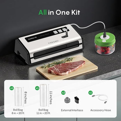 FRESKO Food Vacuum Sealer with Automatic Bag Detection, Double Heat Seal, Built-in Bag Roll Storage & Cutter, 2 Rolls Bags, Starter Kit