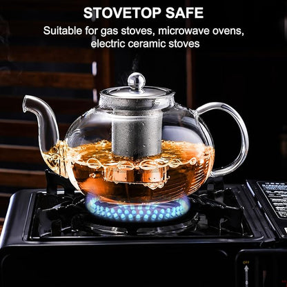 PARACITY Glass Teapot Stovetop 40 OZ/1200ml, Borosilicate Clear Tea Kettle with Removable 18/8 Stainless Steel Infuser, Teapot Blooming and Loose Leaf Tea Maker Tea Brewer for Camping, Travel