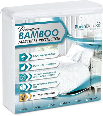 PlushDeluxe Premium Bamboo Mattress Protector – King Size, Waterproof, & Ultra Soft Breathable Noiseless Washable Bed Mattress Cover for Comfort & Protection - White