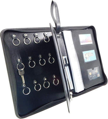 Leather Zippered Key Case,Key Organizer 12-Key Hooks Portable Key Cabinet Document Organizer Business Card Holder Tablet Sleeve for Real Estate Sales,Hotel Executives,Car Service A4 Size,Black