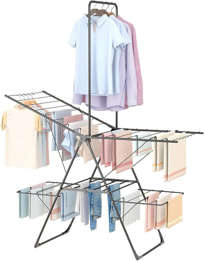 Bigzzia Clothes Drying Rack Foldable, 68.9Inch High Hanger Laundry Drying Rack with 4 Height-Adjustable Wings, Lightweight and Space Saving Clothes Airer for Apartments, Dorms, Camping