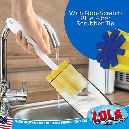 LOLA Glass & Jar Foam Sponge Brush, 4 Pack, Star Shaped w/Non-Scratch Blue Scrubber Top, Perfect for Glasses, Mugs, Bottles, Dishwasher Safe