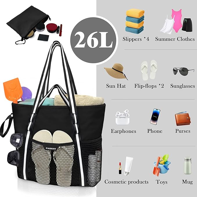 Beach Bag with Zipper - 8 Pockets Sandproof Beach Tote Bag for Women,Foldable Lightweight Family Swim Bag Vacation