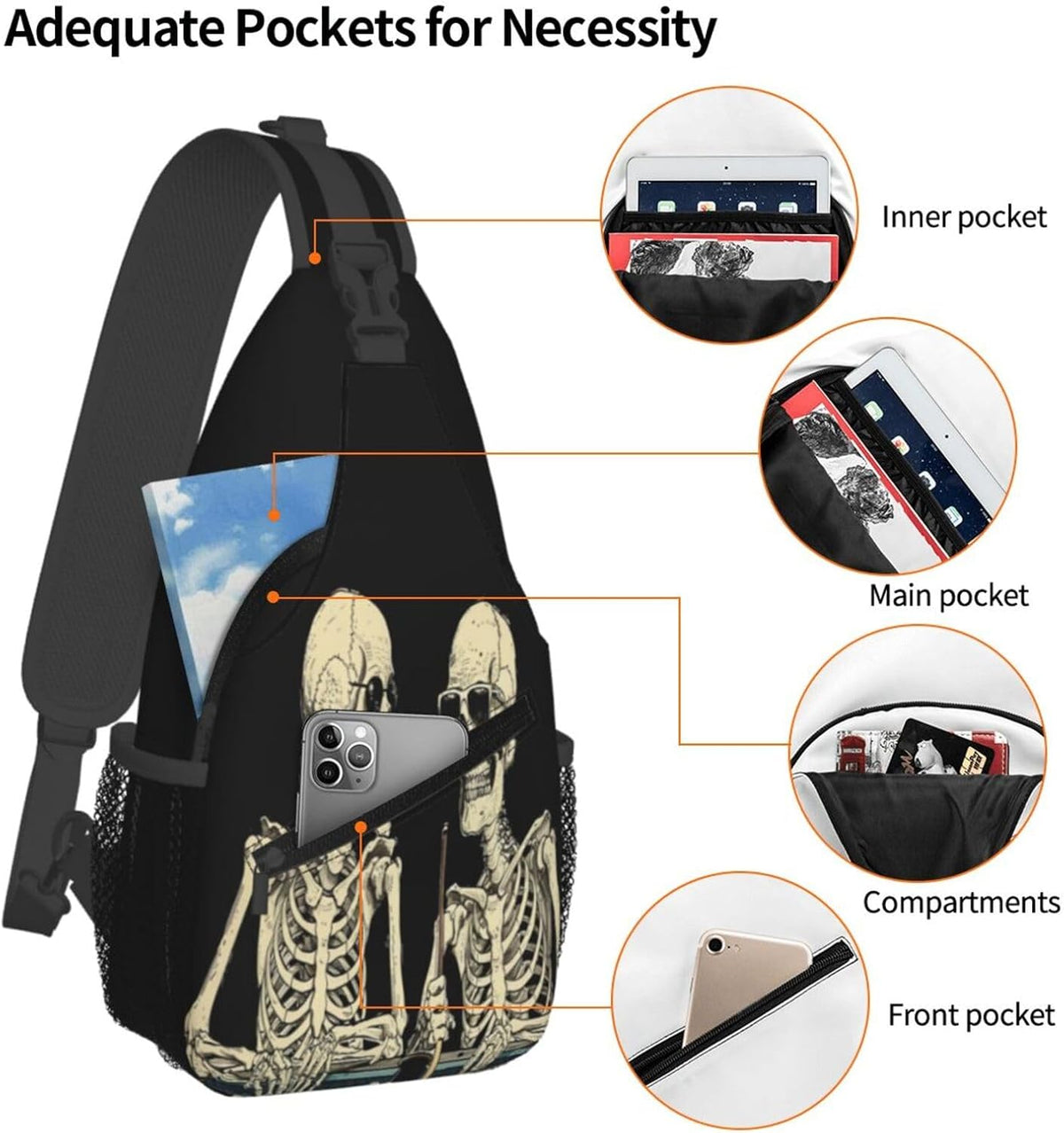 SUPLUCHOM Sling Bag Funny Skeleton Hiking Daypack Crossbody Shoulder Backpack Travel Chest Pack for Men Women