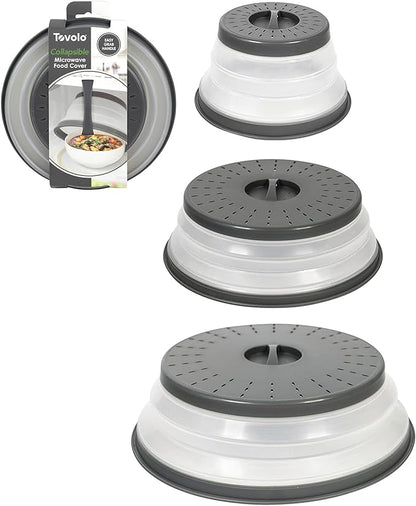 Tovolo Microwave Splatter Cover for Food, 3-Pack (Charcoal) - Collapsible & Vented Silicone Splatter Guard Lid - Microwave Plate & Dish Cover with Handle - BPA-Free Kitchen Gadget for Meal Prep
