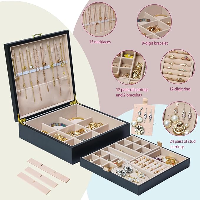 2-layer jewelry box，Jewelry Organizer with Handle，with hanging necklace hooks, detachable jewelry trays, suitable for storing a large amount of jewelry gift box (Large-Black)