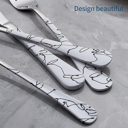 20-Piece White Silverware Set with White Handle 18/0 Stainless Steel Flatware Marbling Handle Cutlery Black Service for 4 Dinner Knives Forks Spoons Set Finish Dishwasher Safe