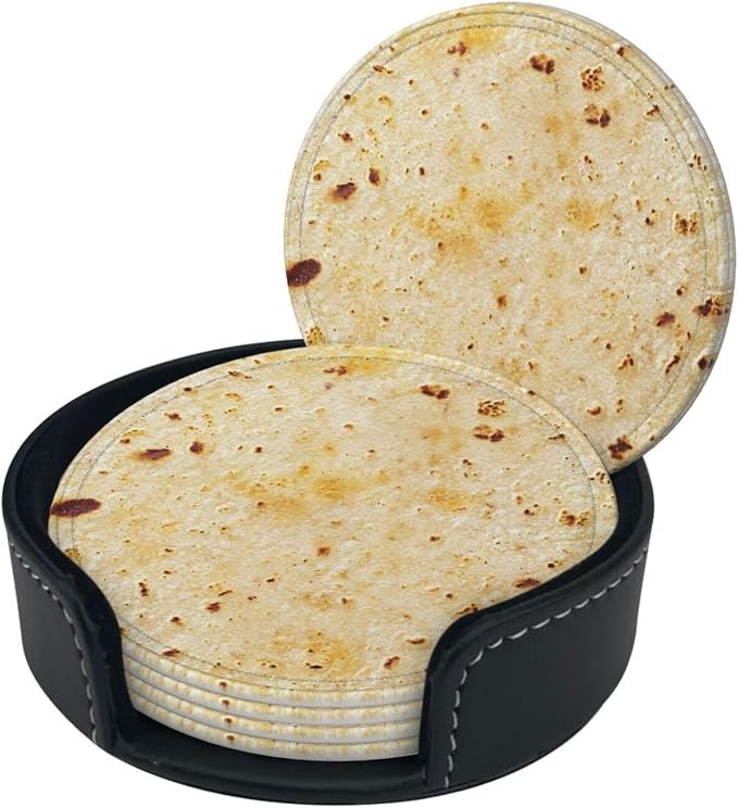 Tortilla Coasters for Drinks Set of 6, Round Leather Coaster