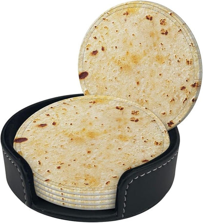 Tortilla Coasters for Drinks Set of 6, Round Leather Coaster