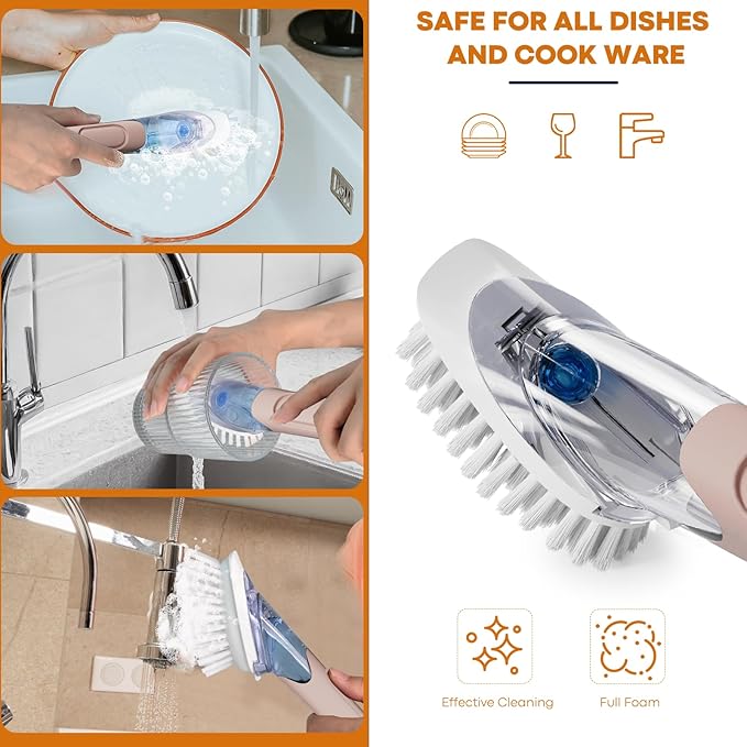 Soap Dispensing Replacement Dish Brush Storage Set with 2 PCS Brush Refills & Holder - RIMAY Dispenser Scrub Cleaning Scrubber Kitchen Dishwashing Dish Wand Handle for Dishes/Pans/Pots/Sink(Pink)
