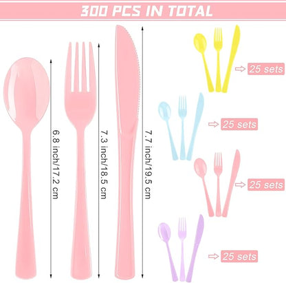 300 Pieces Pastel Plastic Silverware Heavy Duty Plastic Cutlery Set Heavyweight Disposable Utensils Includes Spoons Forks Knives for Birthday Wedding Dinner, Macaron Colors