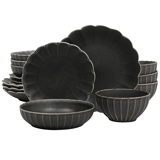 Gibson Elite Malibu Shore 16 Piece Scallop Stoneware Reactive Glaze (Service for 4) Ceramic Plates and Bowls Dinnerware Set - Black