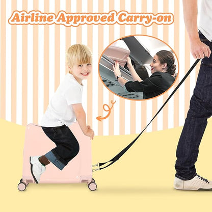 20" Ride-On Travel Suitcase for Kids, Cute Ear Toddler Carry on Luggage with Spinner Wheels & Anti-Lose Rope, Children Rolling Trolly Luggage with Password Lock (Pink with Rope)