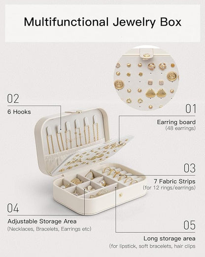 Vlando Travel Jewelry Case for Women Girls Mothers, PU Leather Small Mini Jewelry Box for Rings, Necklaces, Bracelets, Earring Holder Organizer Storage for Travel Accessories, Bridesmaid Gifts - Beige